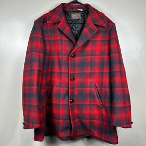 VINTAGE MEN’S PENDLETON RED BLACK PLAID COAT 50s 60s ORIG WOOL HEAVY SZ - XL